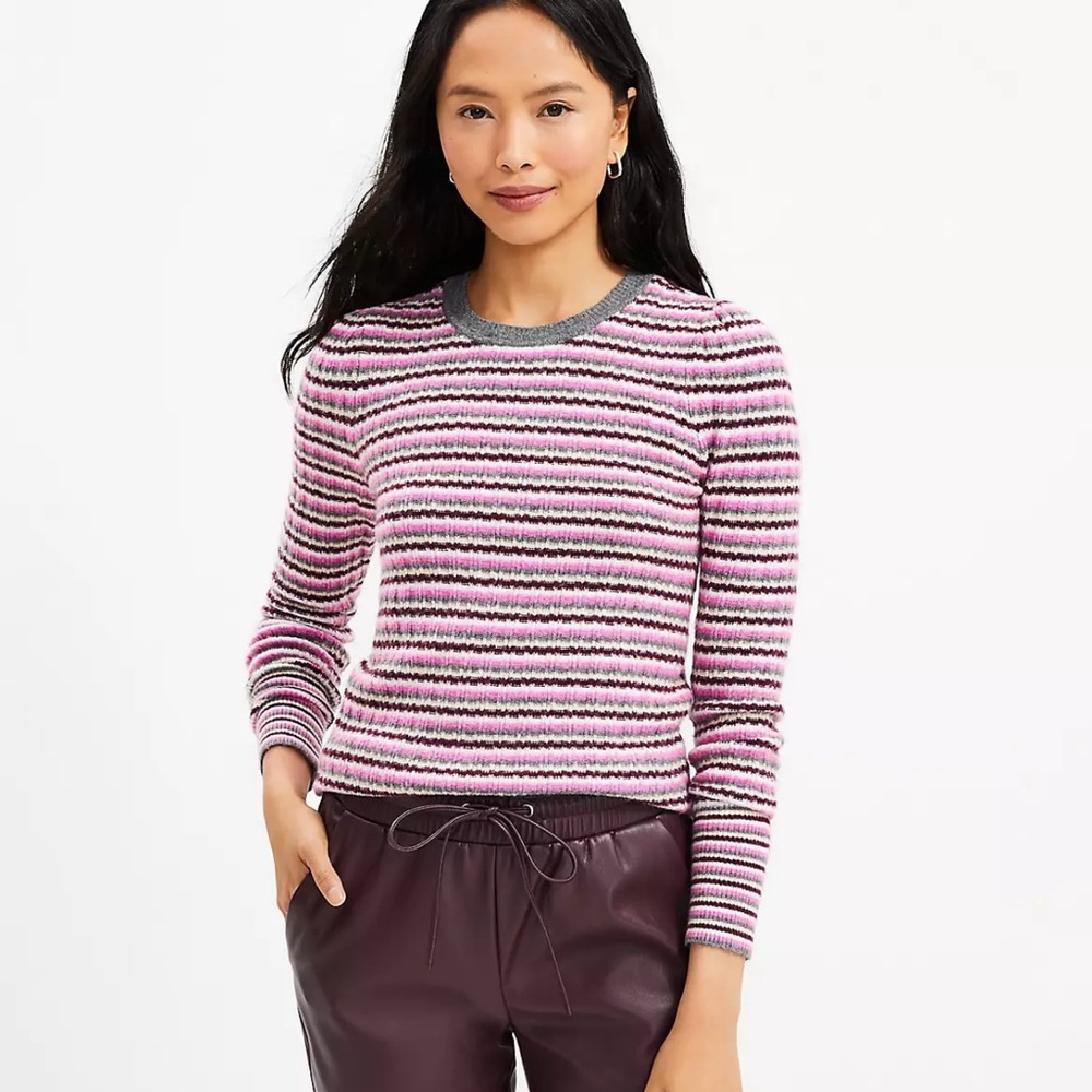 NWT Loft Textured Striped Puff Sleeve Sweater Size XL